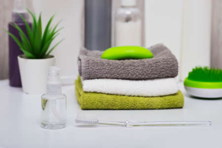 Body cleaning kit, toothbrush, towels, soap and combs. Bathroom accessories.の写真素材