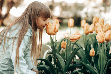 Little adorable girl in blooming tulips gardenの写真素材