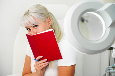 An embarrassed smiling young woman with a red notebook in her hands sits in the beauticians office,...