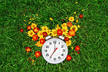 Postcard good morning and alarm clock with yellow and red flowers lie on the green grassの写真素材