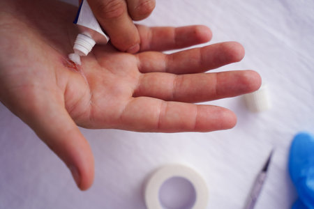 Young man hand applying medical ointment on thumb after burn, corns and calluses. First aid. Self...