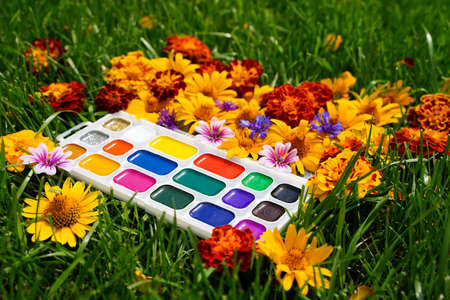Childrens creativity. Paint of autumn . Autumn decoration. Thats the art of nature. Copy space to insert your text. Modern design. Contemporary art collage.の写真素材