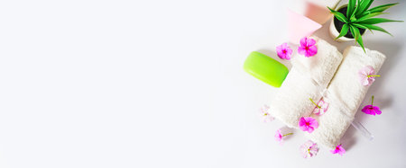 Face and body care products with spring bloom. Freshness and body care. Skin cosmetics. Border bannerの写真素材