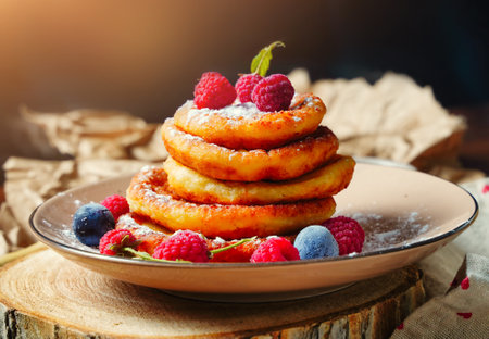 Delicious cheesecakes with sour cream and berries, raspberries and plums with powdered sugar topping. Delicious sweet dessert with cottage cheeseの写真素材