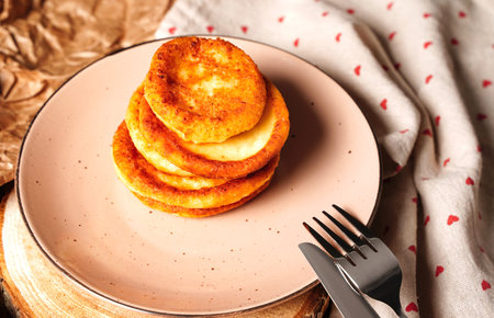 Cottage cheese pancakes, Syrniki with fresh mint. Pancakes with cottage cheese on a brown plate,...