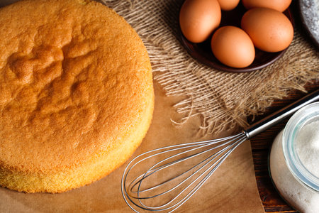 Homemade round sponge cake or chiffon cake on baking paper so soft and delicious with ingredients:...