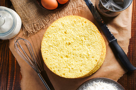 Homemade round sponge cake or chiffon cake on table so soft and delicious with ingredients: eggs, flour, milk on wood table. Homemade bakery concept for background and wallpaper.の写真素材