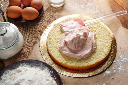 The process of making homemade cake. Pink strawberry cream spread over a layer. Biscuit sponge cake...