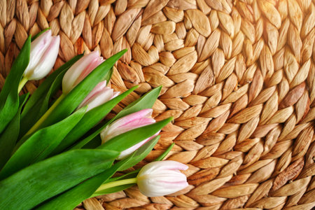 Bouquet of spring pink tulips on a wicker background. Easter spring background with copy space