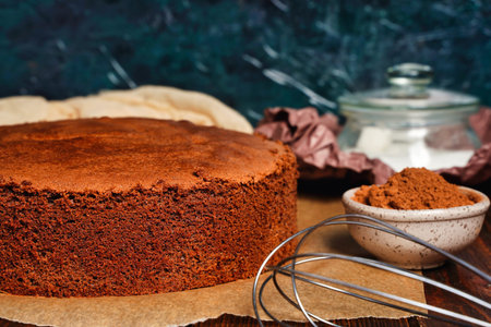 Preparing and baking a homemade chocolate sponge biscuit cake. Cooking homemade cake, copy space for...