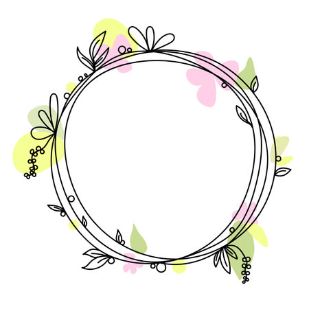 Hand drawn vector round frame. Floral wreath with leaves, berries, branches. Decorative elements for design.のイラスト素材