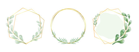 Abstract watercolor floral frame background vector set. Watercolor invitation design with leaves. Gold geometric frame and watercolor brush strokes.のイラスト素材
