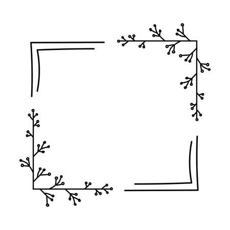 Geometric square floral empty frame with branches and flowers. Elegant herbs or blossoms. Vector botanical outline borders setのイラスト素材