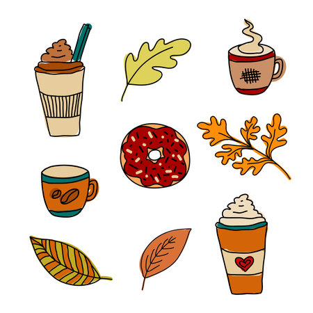 Cozy autumn. Set of cup of tea or coffee, leaves, donut and cake. Doodle black and white vector isolated illustrationのイラスト素材