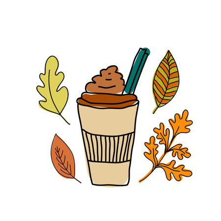 Hello autumn set of coffee cup with autumn leaves on white background.のイラスト素材
