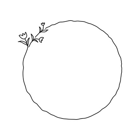 Doodle simple circle frame with elegant leaves, twig and floral element. Vector isolated clip art on white background. Hand drawn floral wreaths.のイラスト素材