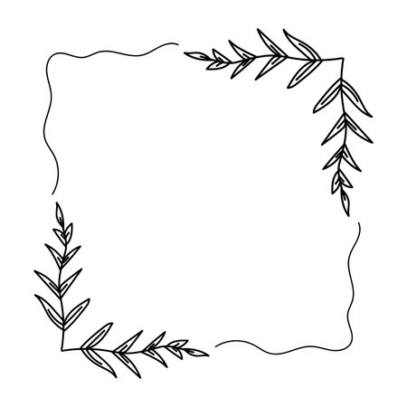 Geometric square floral empty frame with branches and flowers. Elegant herbs or blossoms. Vector botanical outline borders setのイラスト素材