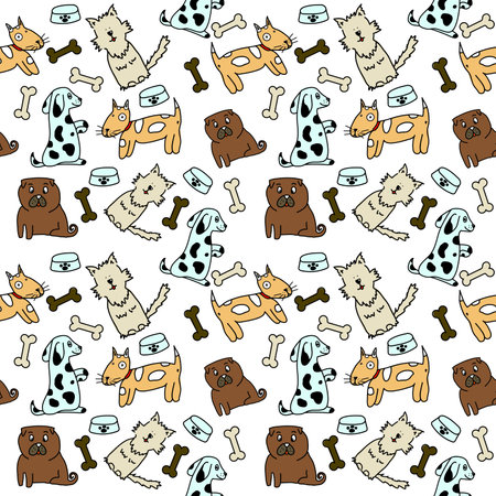 Vector seamless pattern with cute dogs isolated on white. Animal pattern for kids textile, nursery decor, fabricのイラスト素材