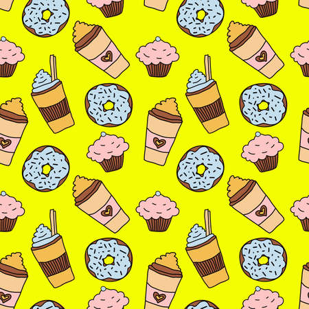 Doodle hand drawn seamless pattern with coffee, donut and cupcake on yellow backgroundのイラスト素材
