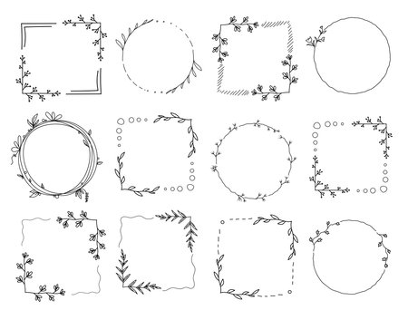 Set of square and circle floral empty frame with branches and flowers. Elegant herbs or blossoms. Vector botanical outline borders setのイラスト素材