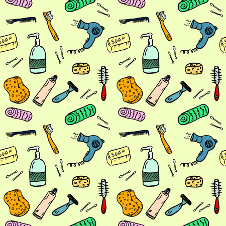 Seamless pattern with hand drawn soap, towels and bathroom accessories on a pastel background. Doodle, simple outline illustration. It can be used for decoration of textile, paper and other surfacesのイラスト素材
