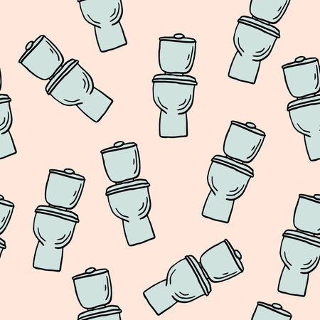 Seamless pattern toilet bowl on pink background, cartoon doodle illustrationのイラスト素材