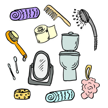 Hand drawn doodle Bathroom icons set. Vector home bath symbols collection. Doodle sketch toilet and shower. Bathtub lavatory, towel,のイラスト素材