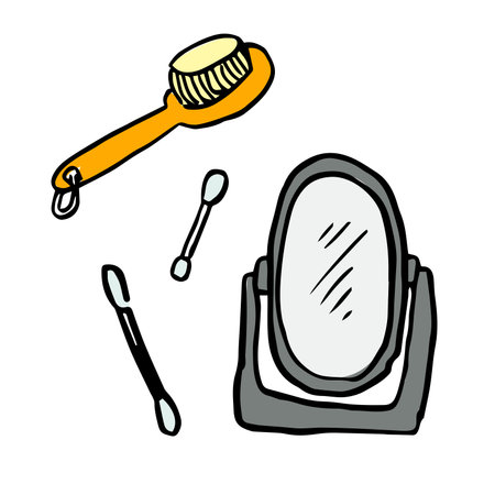 Cartoon bathroom accessories vector icons. Mirror, ear sticks, cotton swab vector and brushのイラスト素材