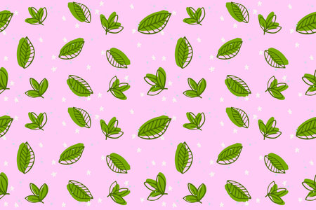 Seamless pattern, floral childish textile. Background with green leaves on pink background and stars for fabric, wrapping paper, bed linen, home decor, printのイラスト素材