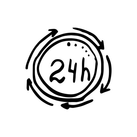 24 hours service line doodle icon, outline vector sign, linear pictogram isolated on white.