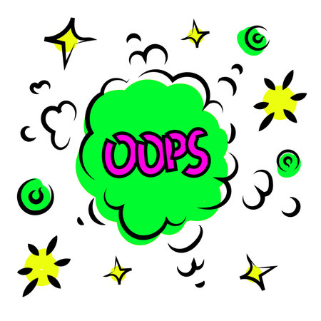 Oops comic text speech bubble vector green isolated on white. Sound effect bang cloud icon of black phrase lettering on white background.のイラスト素材
