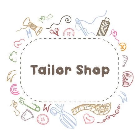 Tailor shop vintage logo emblem in lettering style withmeasure tape, sewing reel, needles and pins. Sewing atelier icon. Clothing repair industry label. Vector illustration design. Vintage craft signのイラスト素材