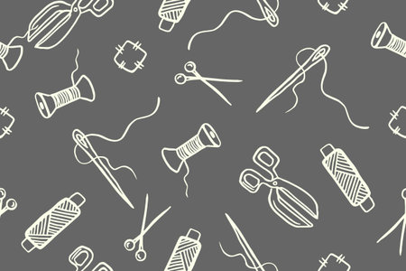 Seamless pattern with hand drawn sewing retro elements. Vector illustration hand drawn sewing toolsのイラスト素材