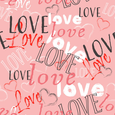 Seamless pattern Love lettering for textile, wrapping paper, wallpaper. Modern typographic background with hearts.のイラスト素材