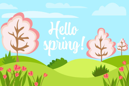 Hello spring concept. Vector illustration of a spring landscape with flowers and blossom trees. Template for post or web banner with textのイラスト素材