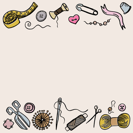 Hand drawn template sewing and knitting tools and accessories threads and scissors, needles metering, button. Vector for tailoring atelier, fashion design. Doodle sketch style.のイラスト素材