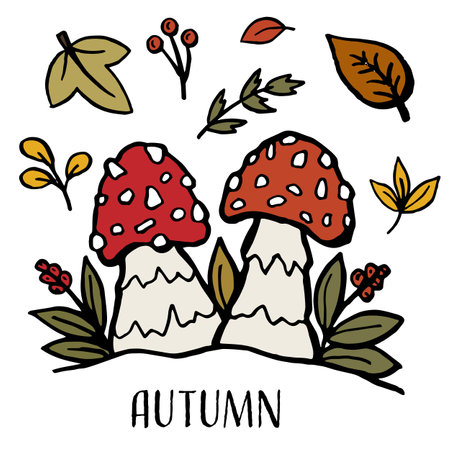 Hello Autumn. Autumn harvest symbols. Set of autumn elements leaves, berries and mushroom. Hand drawn, sketch. Vector illustration in doodle style.のイラスト素材