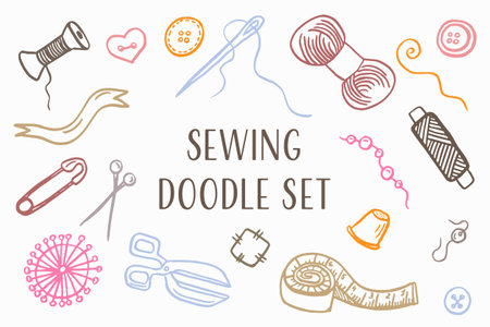 Sewing doodle icons set. Vector outline illustration. Tailoring background for logo, web and print designs.のイラスト素材