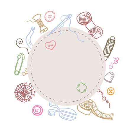 Sewing vintage background with place for your text. Hand drawn colored sketches composition. Vector.のイラスト素材