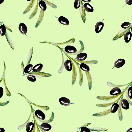 Watercolor vector seamless pattern with black olive tree branches on green background. Hand drawn. For the design natural organic cosmetics, wrapping paper or soap, olive oil.のイラスト素材