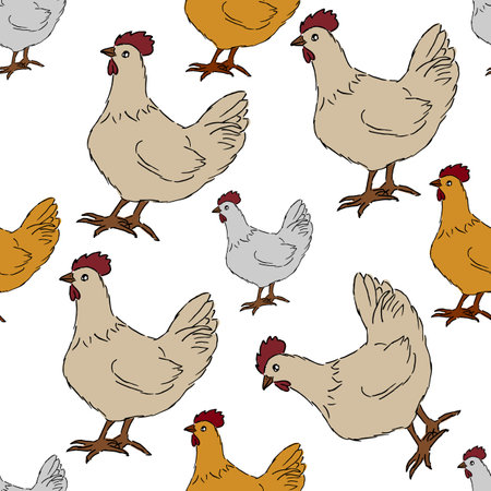 Seamless pattern with chicken cartoon character on whiteのイラスト素材