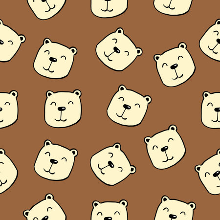 Cute childish seamless pattern with funny hand drawn cartoon characters of bear heads on brown backgroundのイラスト素材