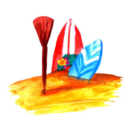 Watercolor surf beach, fun holiday activity, tropical travel illustration. Island summer and surfboard.のイラスト素材