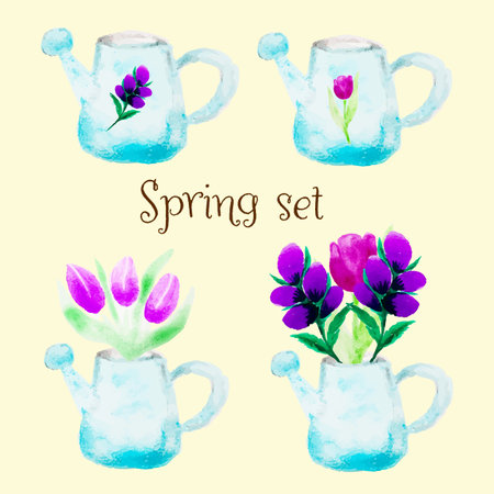 Set of watercolor watering can with spring tulips, flowers isolated on beige background. Gardening subject. For plants and flowers.のイラスト素材