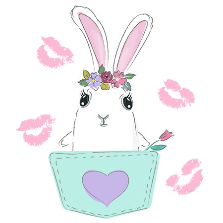 Cute rabbit sitting in a pocket vector Sketch, Print Design, children print on t-shirt.のイラスト素材