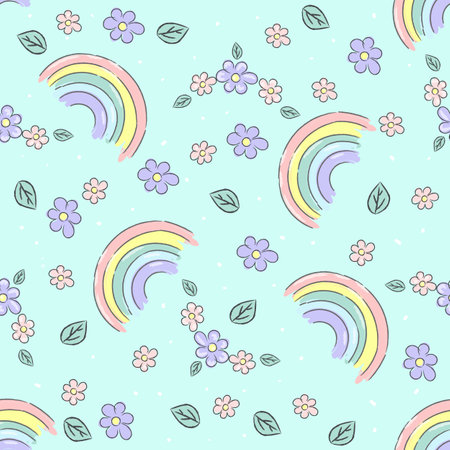 Rainbow cute seamless pattern on blue sky background. Hand drawn pastel print with simple shapes. Design for textile, fabricのイラスト素材