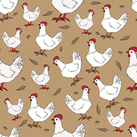 Seamless pattern with white chicken cartoon character on brownのイラスト素材