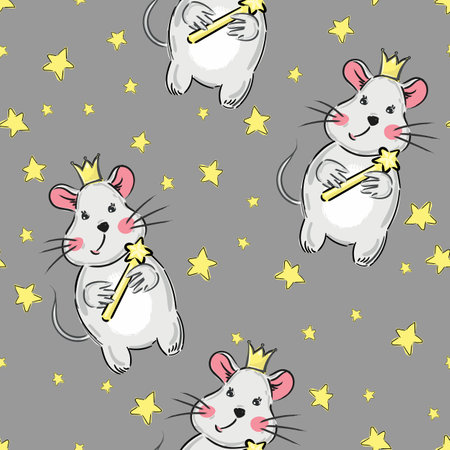 Seamless pattern with cute cartoon mouse with stars and crown. Vectorのイラスト素材