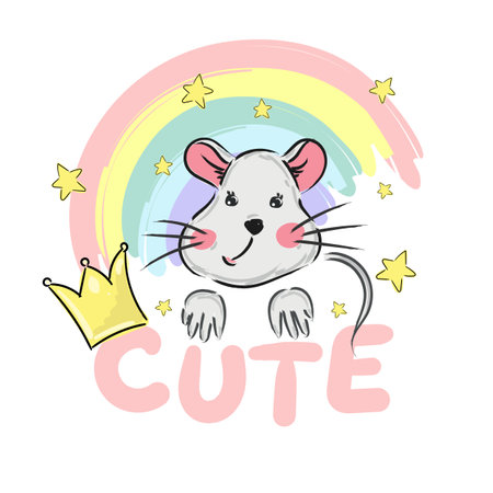 Print cute cartoon baby mouse with crown and stars on rainbow. Kid rat vector print, can be used for kids or babies t shirt design. Fashion print graphic. Cartoon animal illustrationのイラスト素材