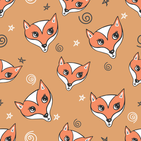 Cute fox heads seamless pattern, hand drawn fox face on beige background with stars and whorl vector illustrationのイラスト素材